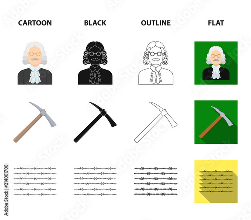 Judge, wooden hammer, barbed wire, pickaxe. Prison set collection icons in cartoon,black,outline,flat style vector symbol stock illustration web.