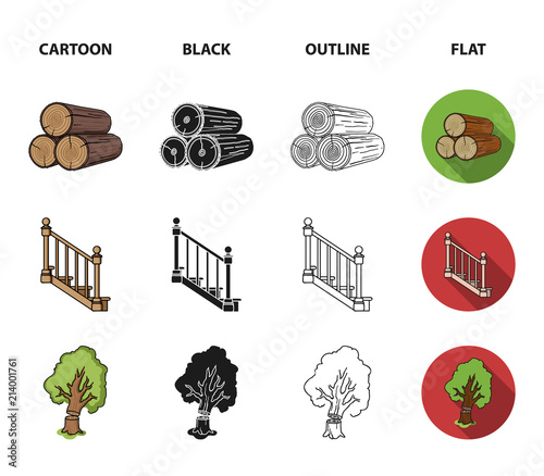 Logs in a stack, plane, tree, ladder with handrails. Sawmill and timber set collection icons in cartoon,black,outline,flat style vector symbol stock illustration web.