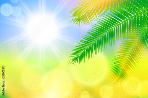 Sunny summer background with bright sun and palm leaves. EPS10 vector.