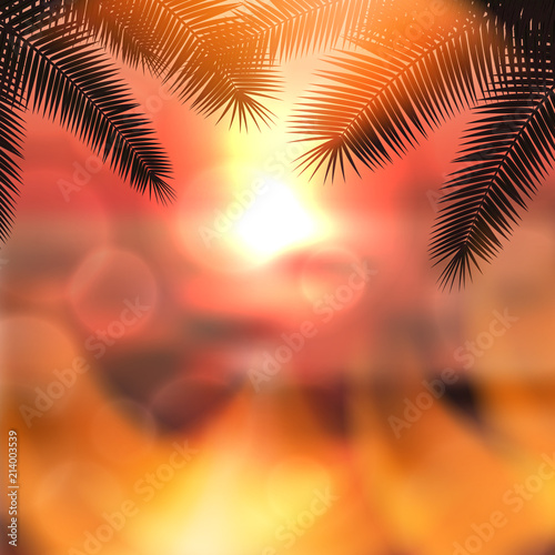Sea summer sunset with palmtree leaves and light on lens. Red summer background. EPS10 vector. © hamara