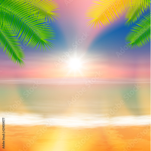 Beach and tropical sea with bright sun and palmtree leaves. Colorful summer background. EPS10 vector.