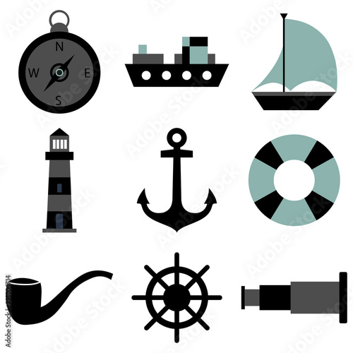 Solid Vector icon set, Marine logo, anchor, boat, can be use for name card, poster, silk screen.