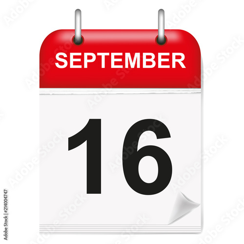 Daily calendar of single-leaf rings, red spine, 3d,september,16,16th,sixteenth.Vector illustration