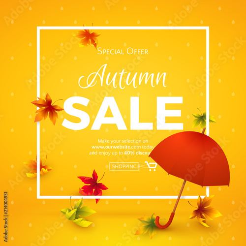 Vector template of autumn sale banner with 3D realistic red umbrella, falling maple leaves on the orange background with pattern of drops. For design of flyers with discount offers in the fall season.