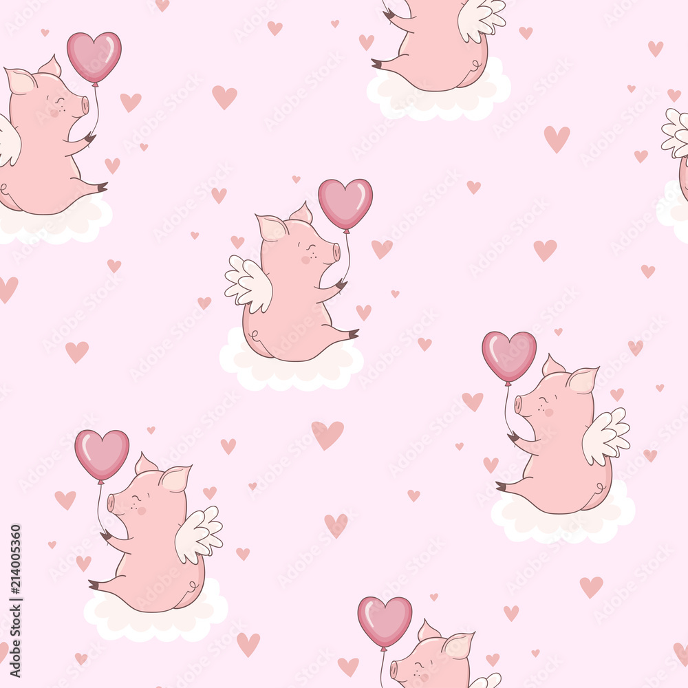 Seamless pattern with cute pink cupid pigs on the clouds. Valentine day vector illustration.