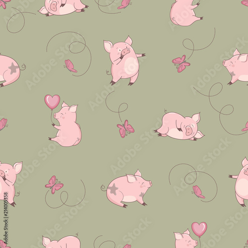 Seamless pattern with cute pigs and butterflies. Vector baby background.