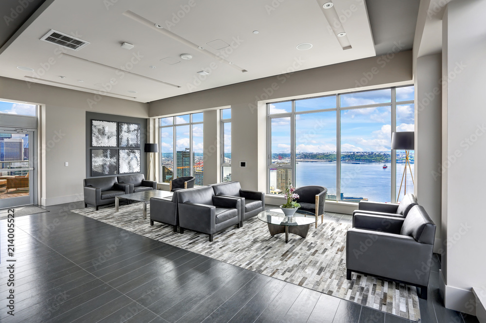 Modern interior design of living area in black and grey colors Stock Photo | Adobe Stock
