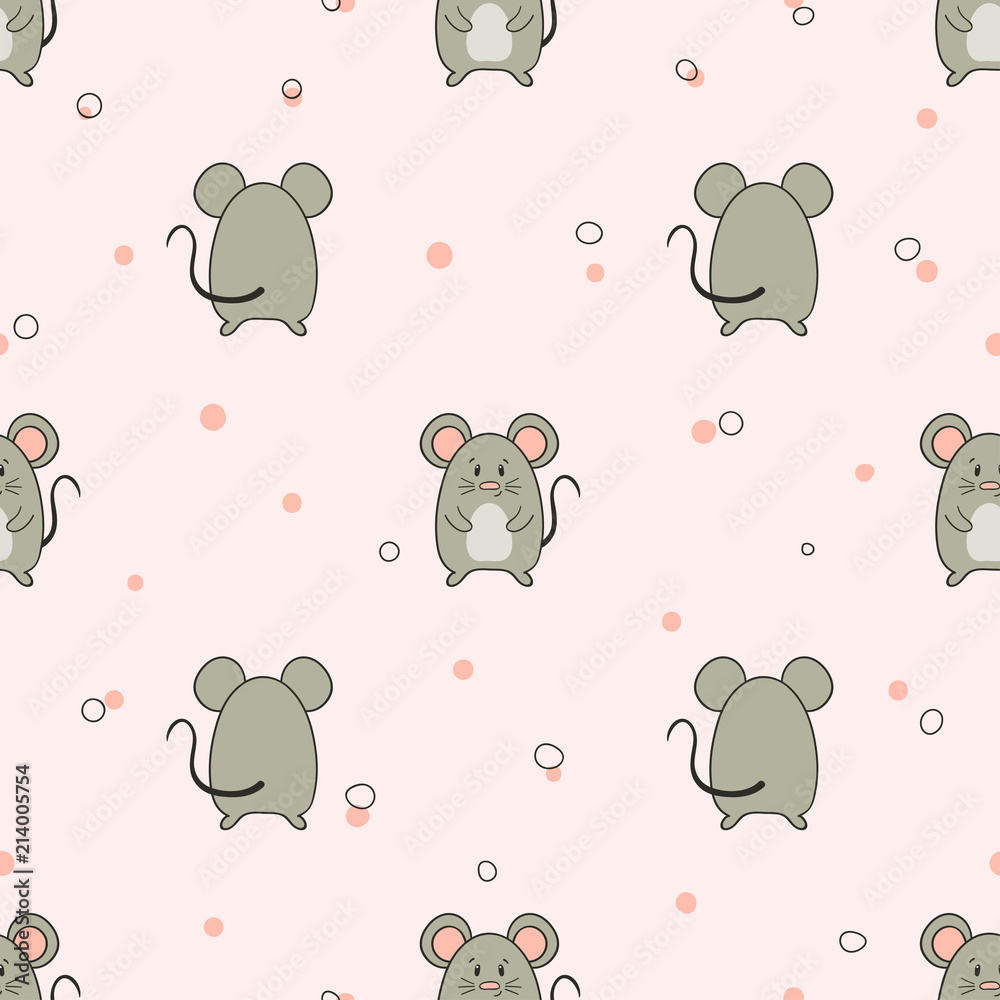 Seamless pattern with cute little mice. Vector mouse illustration for kids design.