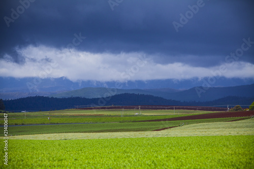 Green Pasture, Mountains and stormy sky