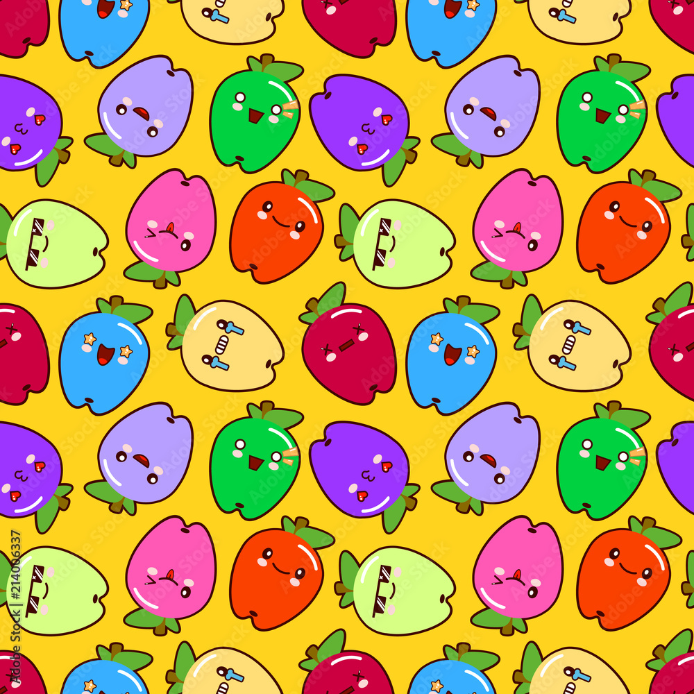Cute childish seamless pattern as smiling cartoon characters of apples on yellow background Flat style, vector illustration. Cute childish seamless pattern as smiling cartoon characters of apples on yellow background Flat style, vector illustration.