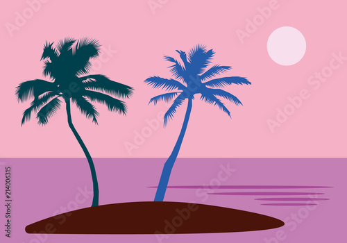 A tropical sea island with palm trees and sun. A flat style with pastel palette. Vector design illustration. Horizontal layout.