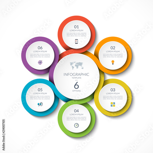Infographic circular template with 6 options. Can be used for graph, diagram, presentation, report, web design. Vector illustration.