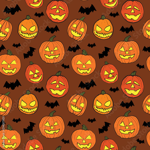 Halloween seamless vector pattern with hand drawn orange pumpkins carved faces and black bats on brown background.