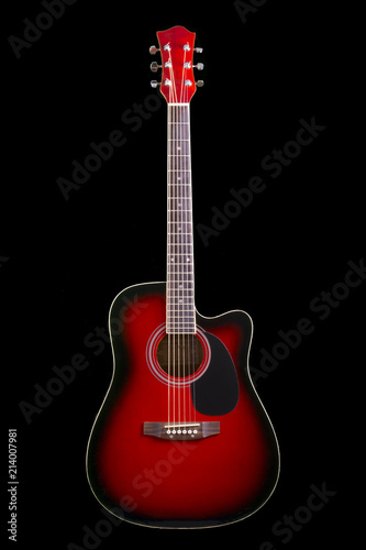 acoustic guitar red, isolated on black background stylish art Spanish musical instrument six-string, classic, school game. photo