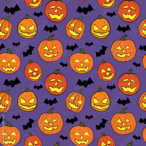 Halloween seamless vector pattern with hand drawn orange pumpkins carved faces and black bats on ultra violet background.