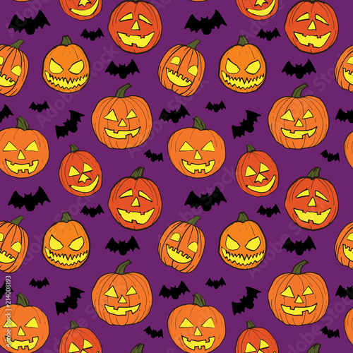 Halloween seamless vector pattern with hand drawn orange pumpkins carved faces and black bats on violet background.