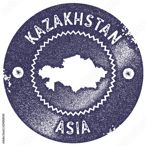 Kazakhstan map vintage stamp. Retro style handmade label, badge or element for travel souvenirs. Deep purple rubber stamp with country map silhouette. Vector illustration.