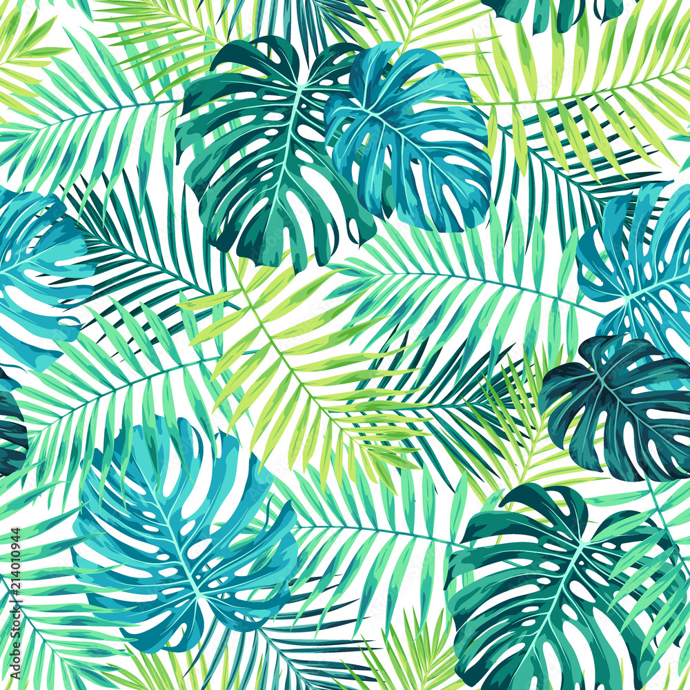 Tropical leaf design featuring green/blue palm and Monstera plant leaves on a white background. Seamless vector repeating pattern.