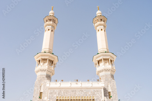 MECCA, SAUDI ARABIA - MAY 02 2018: View on Al Masjid Al Haram mosque in Mecca. Two minarets are the main entrance. Holy Kaaba is inside this mosque