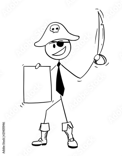 Cartoon stick drawing conceptual illustration of pirate businessman with eye patch, sabre and agreement. Business concept of unethical business.