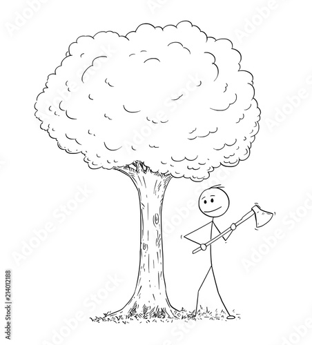 Cartoon stick drawing illustration of man or lumberjack with axe or ax chopping down the tree