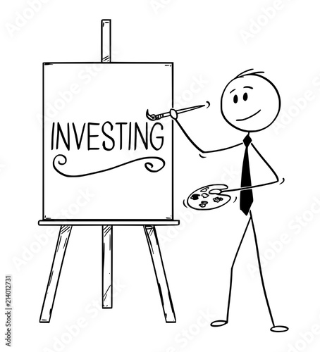 Cartoon stick man drawing conceptual illustration of businessman artist holding brush and palette and writing word investing on canvas.