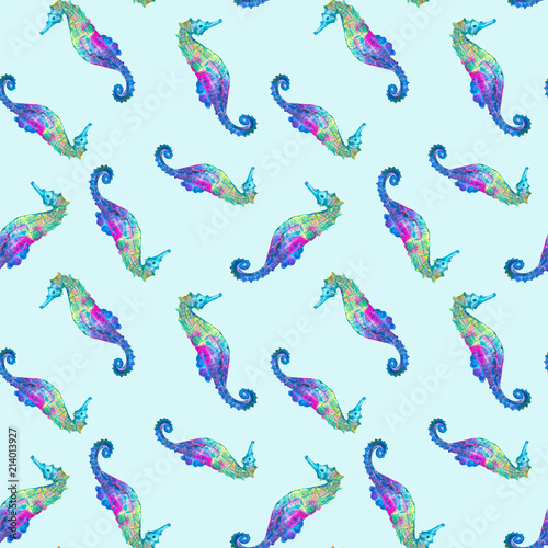 Seahorse. Seamless pattern. Hand drawn watercolor illustration. Isolated on blue background