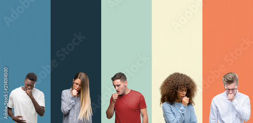 Group of people over vintage colors background feeling unwell and coughing as symptom for cold or bronchitis. Healthcare concept.