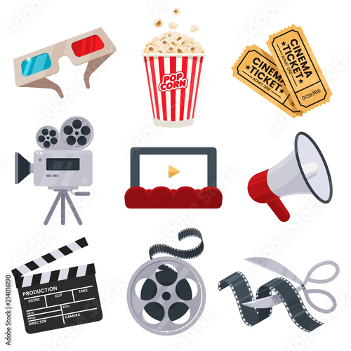 Cinema icons set in flat style. Movie industry objects. Colorful cinema illustrations isolated on white. Design elements for movie theater. Vector eps 10 photo