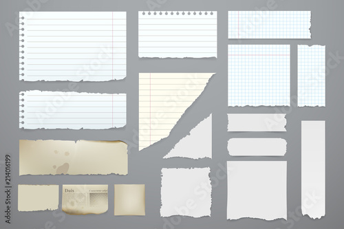 Vector pieces of torn notebook. Torn pieces of paper set. White blank paper sheets in a cage, in a line and aged. Elements for you design. Eps 10