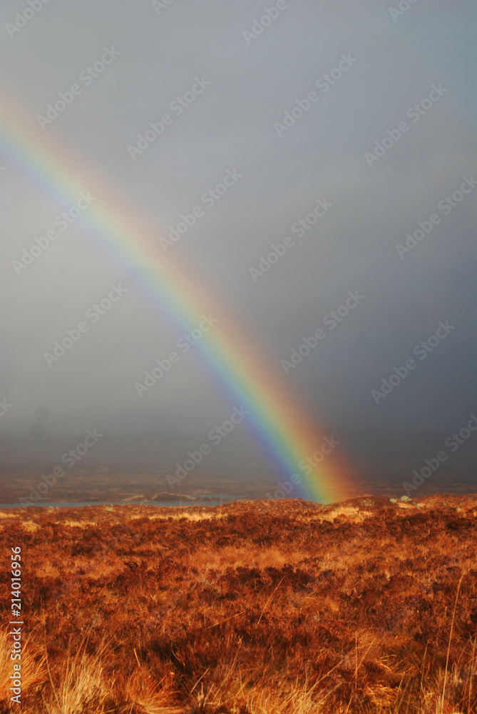 Scottish Highland view with rainbow