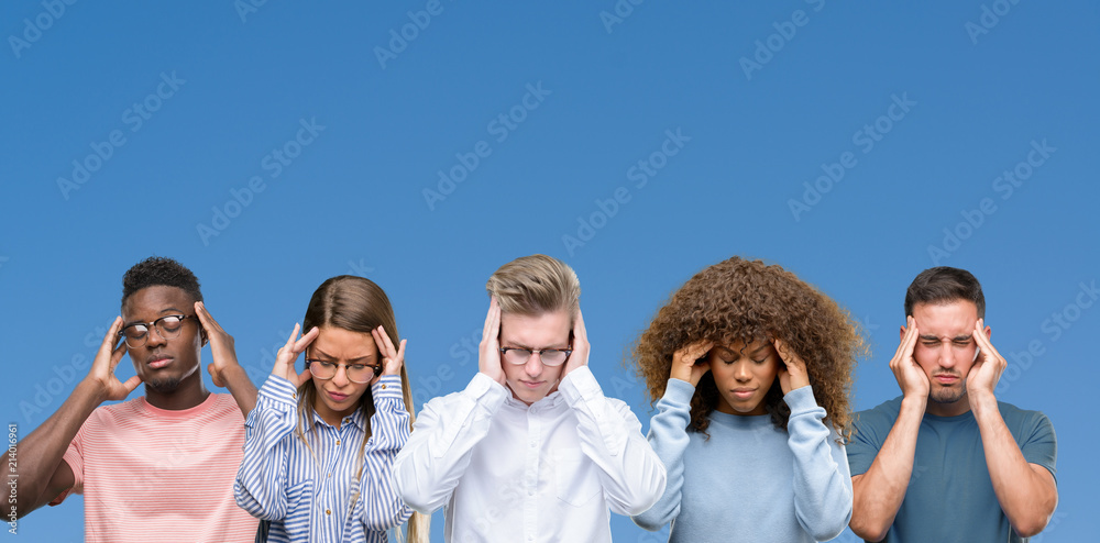 Composition of group of friends over blue blackground with hand on head for pain in head because stress. Suffering migraine. Composition of group of friends over blue blackground with hand on head for pain in head because stress. Suffering migraine.