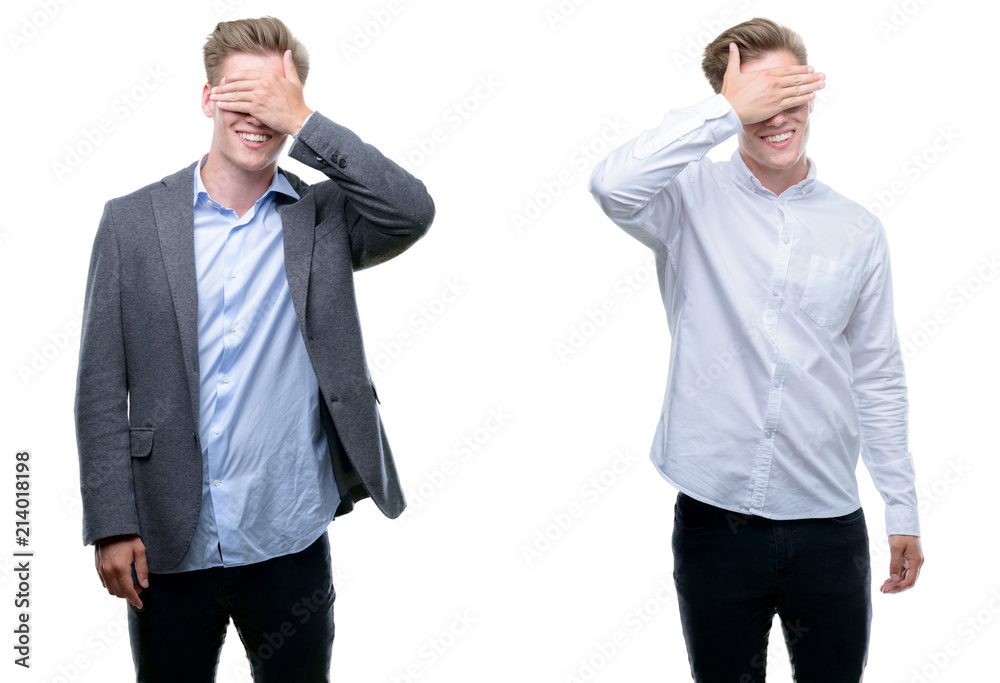 Young handsome blond business man wearing different outfits smiling and laughing with hand on face covering eyes for surprise. Blind concept. Young handsome blond business man wearing different outfits smiling and laughing with hand on face covering eyes for surprise. Blind concept.