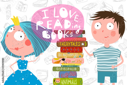 Young couple of kids Love reading, library design. Vector cartoon.