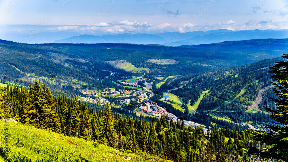 The alpine village of Sun Peaks viewed from Tod Mountain in the Shuswap Highlands of British Columbia, Canada