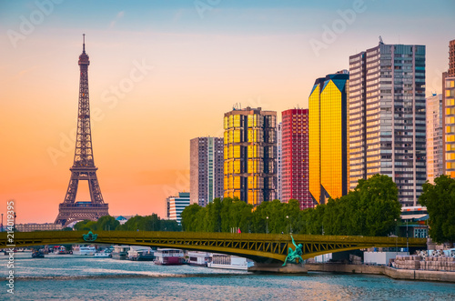 Photography Sunset view of  Eiffel Tower and river Seine in Paris, France.
