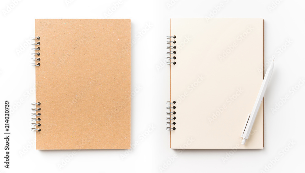 Design concept - Top view of kraft spiral notebook, blank page and mechanical pencil isolated on white background for mockup Design concept - Top view of kraft spiral notebook, blank page and mechanical pencil isolated on white background for mockup