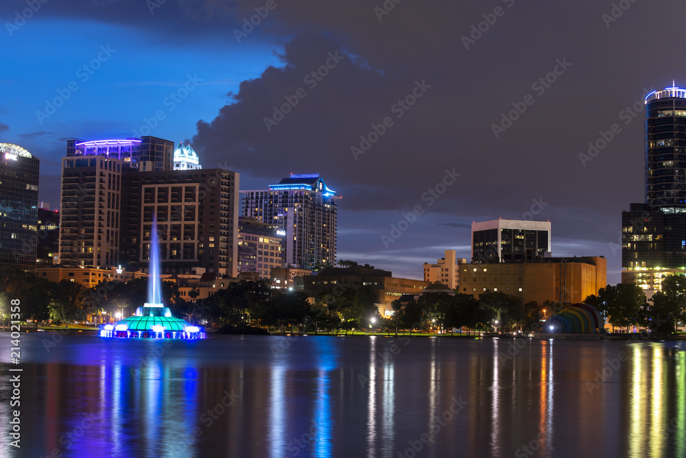 Downtown Orlando skyscrapers from Lake Eola at night