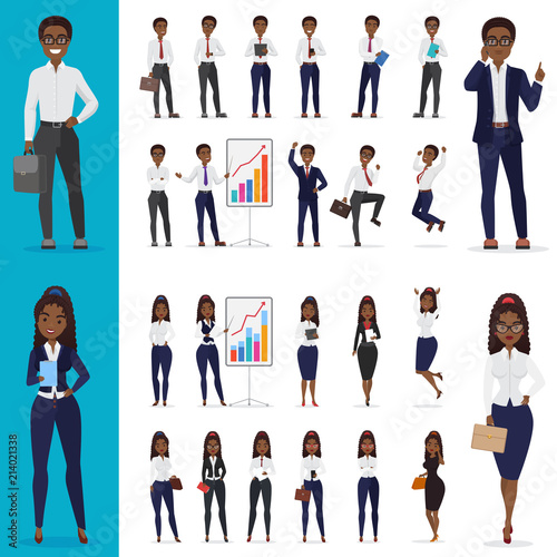 Vector Black african american Business man and business woman working office character design set.