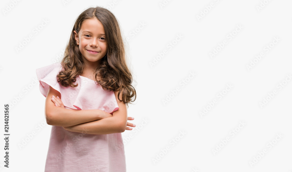 Brunette hispanic girl wearing pink dress happy face smiling with crossed arms looking at the camera. Positive person. Brunette hispanic girl wearing pink dress happy face smiling with crossed arms looking at the camera. Positive person.
