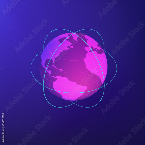 Isometric globe with lines around symbolizing global network connection, communication satellites and navigation system concept on ultra violet background. Vector 3d isometric illustration.