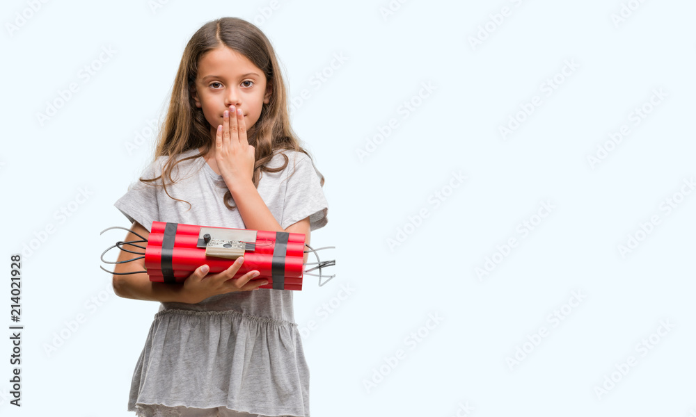 Brunette hispanic girl holding a bomb cover mouth with hand shocked with shame for mistake, expression of fear, scared in silence, secret concept Brunette hispanic girl holding a bomb cover mouth with hand shocked with shame for mistake, expression of fear, scared in silence, secret concept