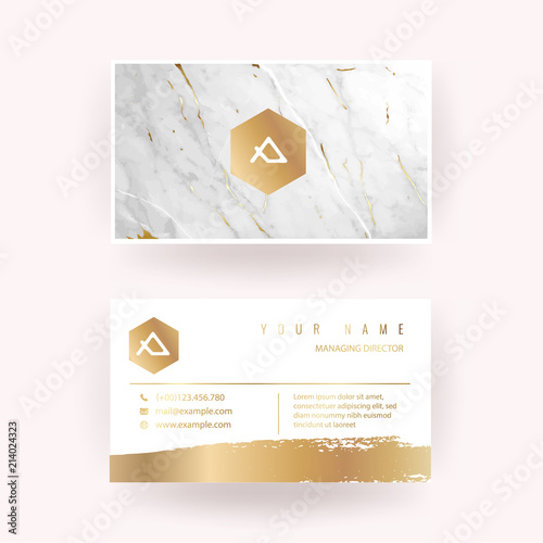 Luxury business card with marble texture and geometric line and golden background vector template.