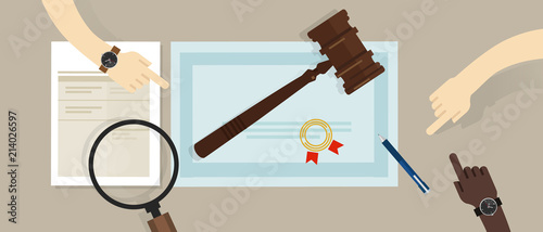 Certified legal auditor lawyer education paper. gavel on paper symbol of law. vector illustration