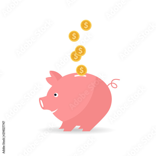 Pig bank with coins in flat style. The concept of saving or save money, Income increase, financial strategy performance Vector illustration
