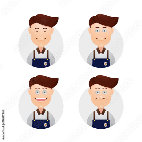 Set funny face male boy barista bartender avatar expression illustration