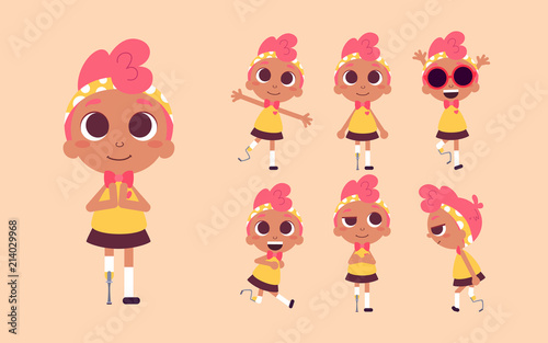 Vector illustration of a cute girl, character design set. Dark skin beauty with pink hair. Cartoon art.  Alternatively able.  Children with special needs.  Prosthetic appliance