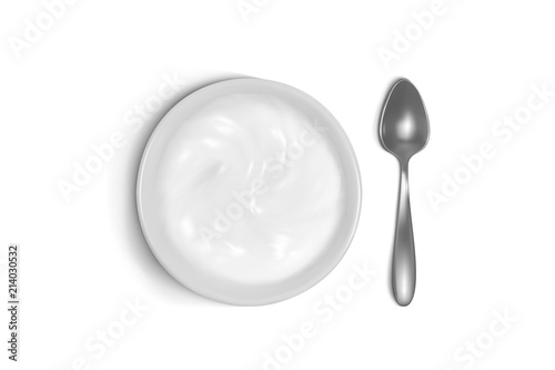 Spoon and plate 3D vector illustration of porridge, yogurt or sour cream for breakfast. Isolated realistic set of silver or metal tableware and porcelain or ceramic dish on white background