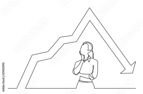 continuous line drawing of standing woman thinking about decreasing graph