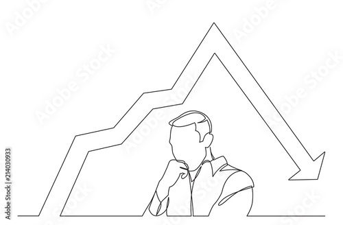 continuous line drawing of worried man with decreasing graph